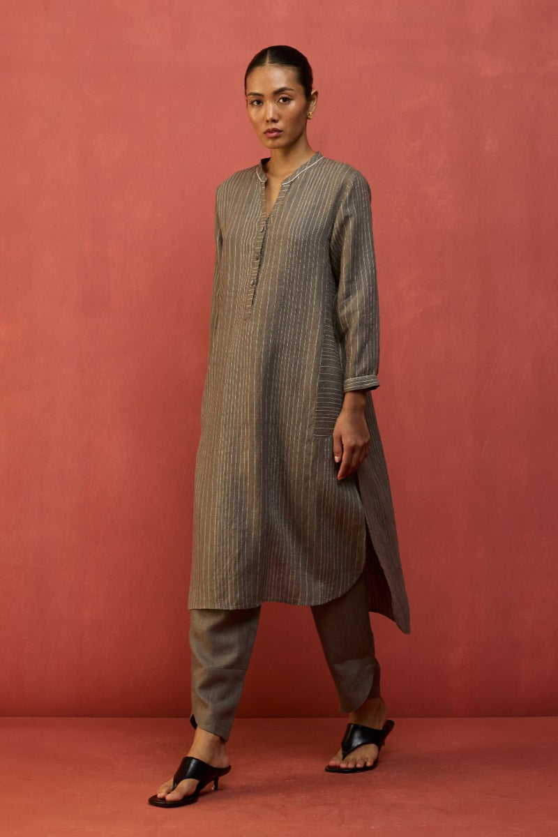 Bunka Stripe Linen Kurta Set - Grey by Manan for Worldwide