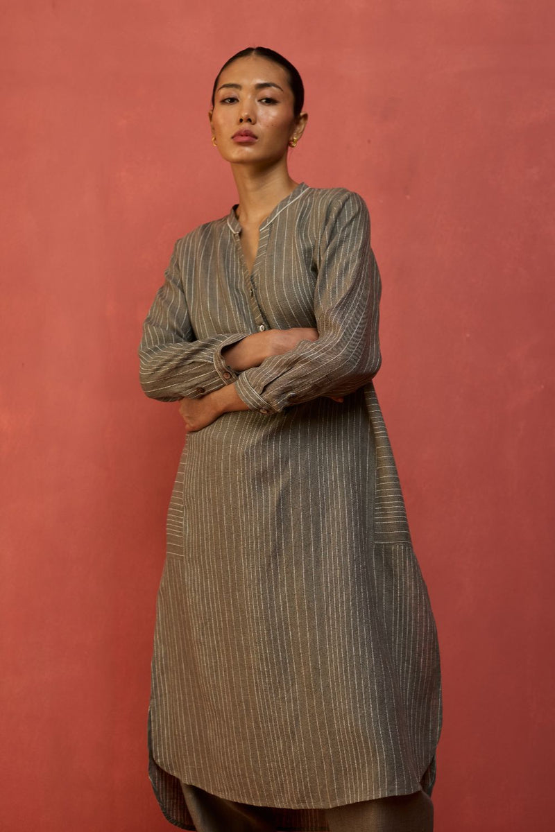 Bunka Stripe Linen Kurta - Grey by Manan for Worldwide