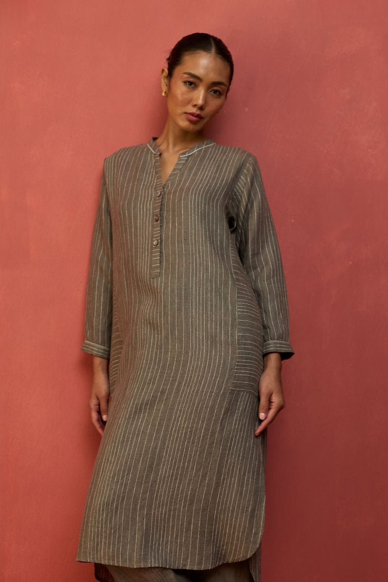 Bunka Stripe Linen Kurta Set - Grey by Manan for Worldwide