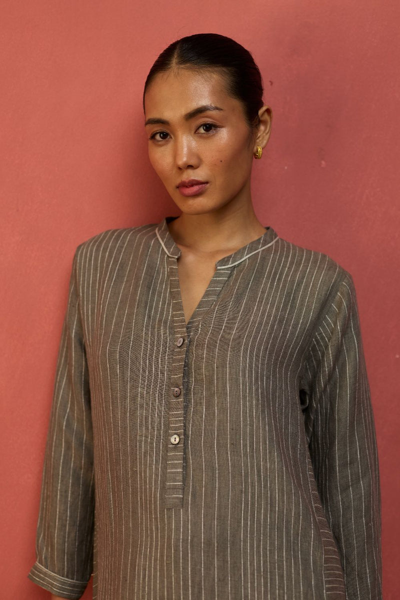 Bunka Stripe Linen Kurta Set - Grey by Manan for Worldwide