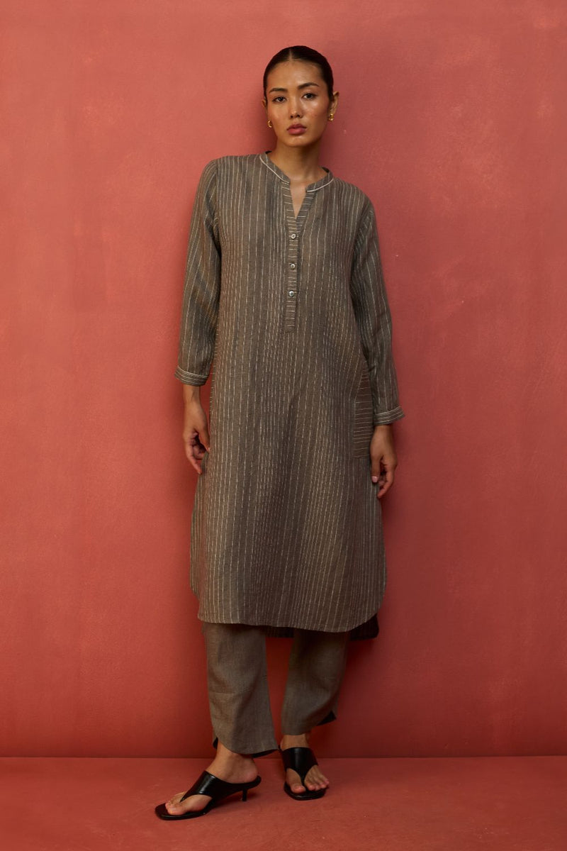 Bunka Stripe Linen Kurta - Grey by Manan for Worldwide