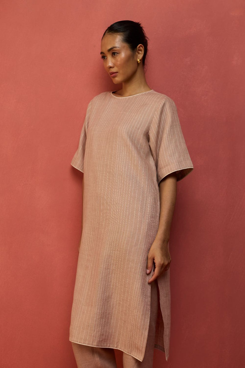 Semma Stripe Linen Kurta Set - Dusty Rose by Manan for Worldwide