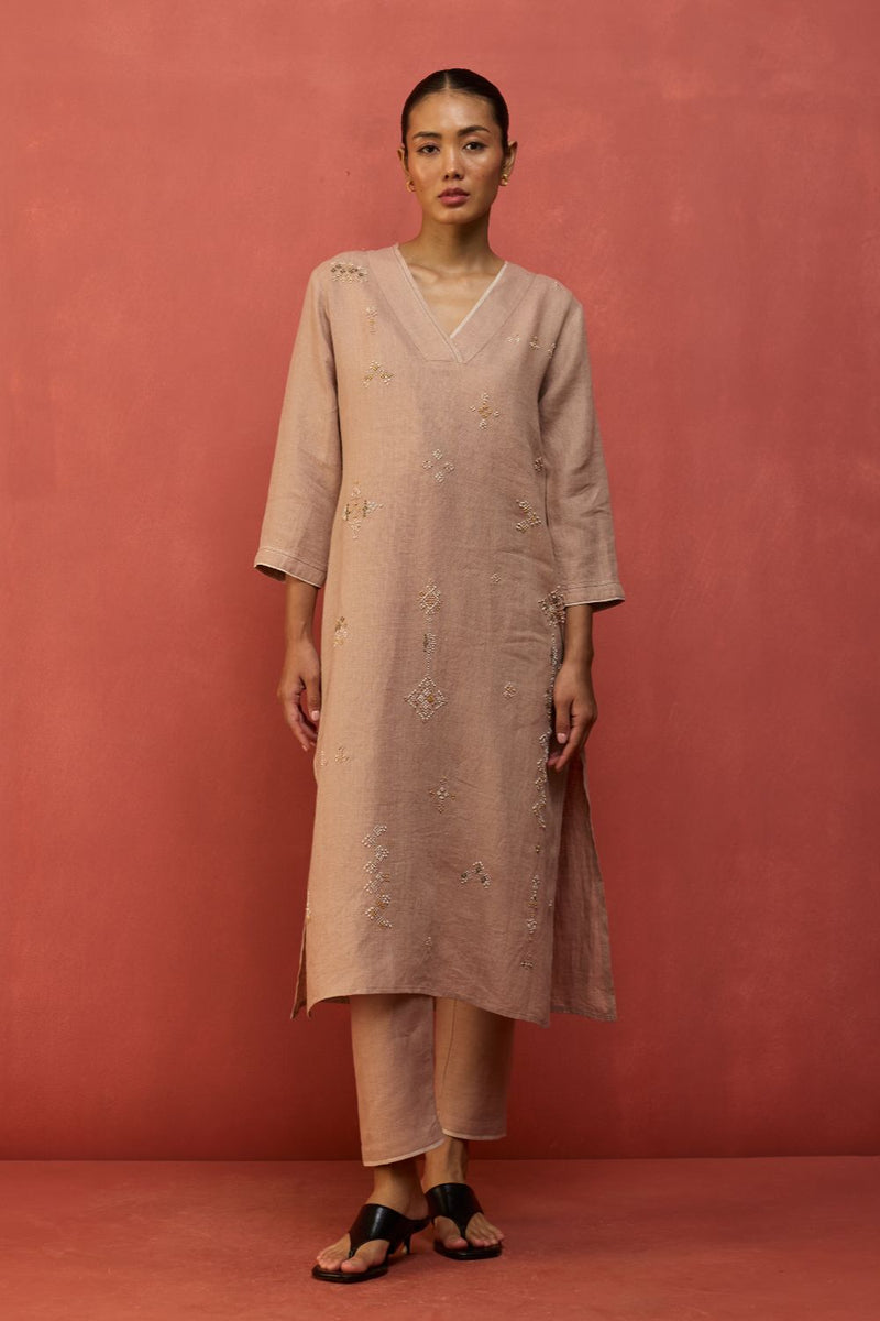 Rena Hand-Embroidered Linen Kurta - Dusty Rose linen by Manan in blush color for women Worldwide