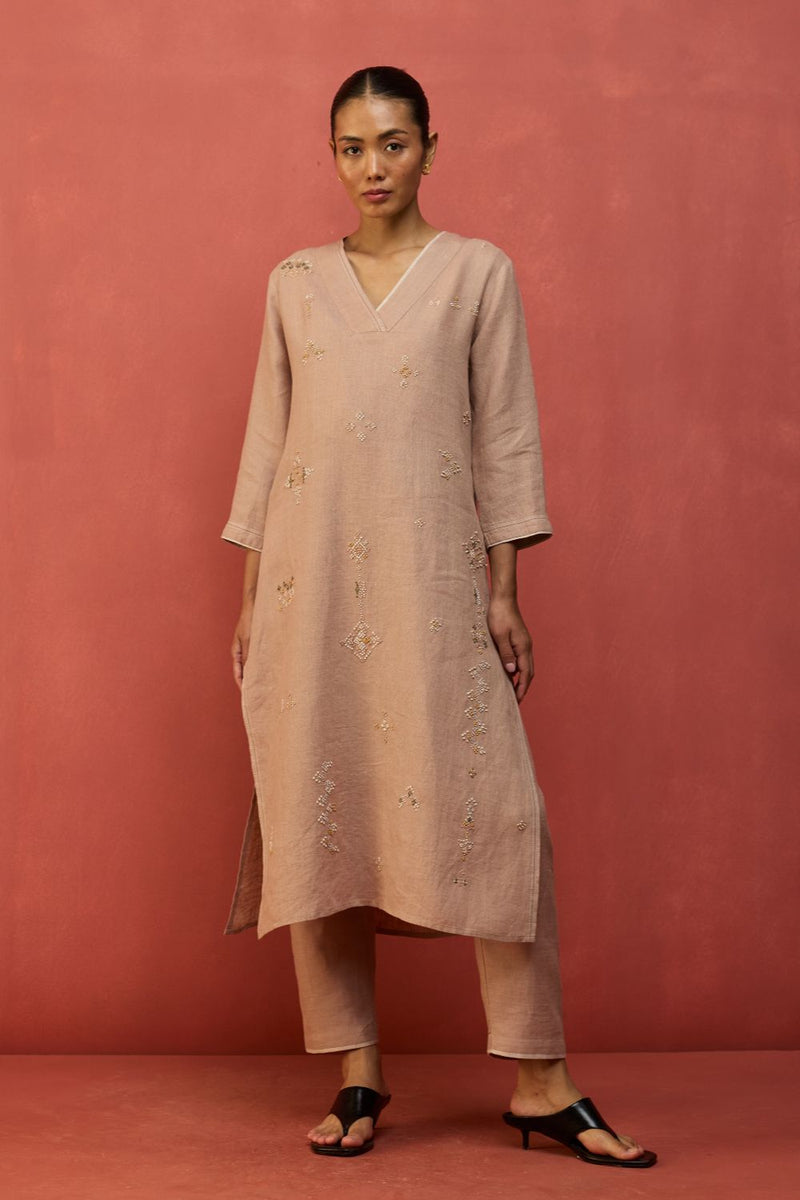 Rena Hand-Embroidered Linen Kurta - Dusty Rose linen by Manan in blush color for women Worldwide