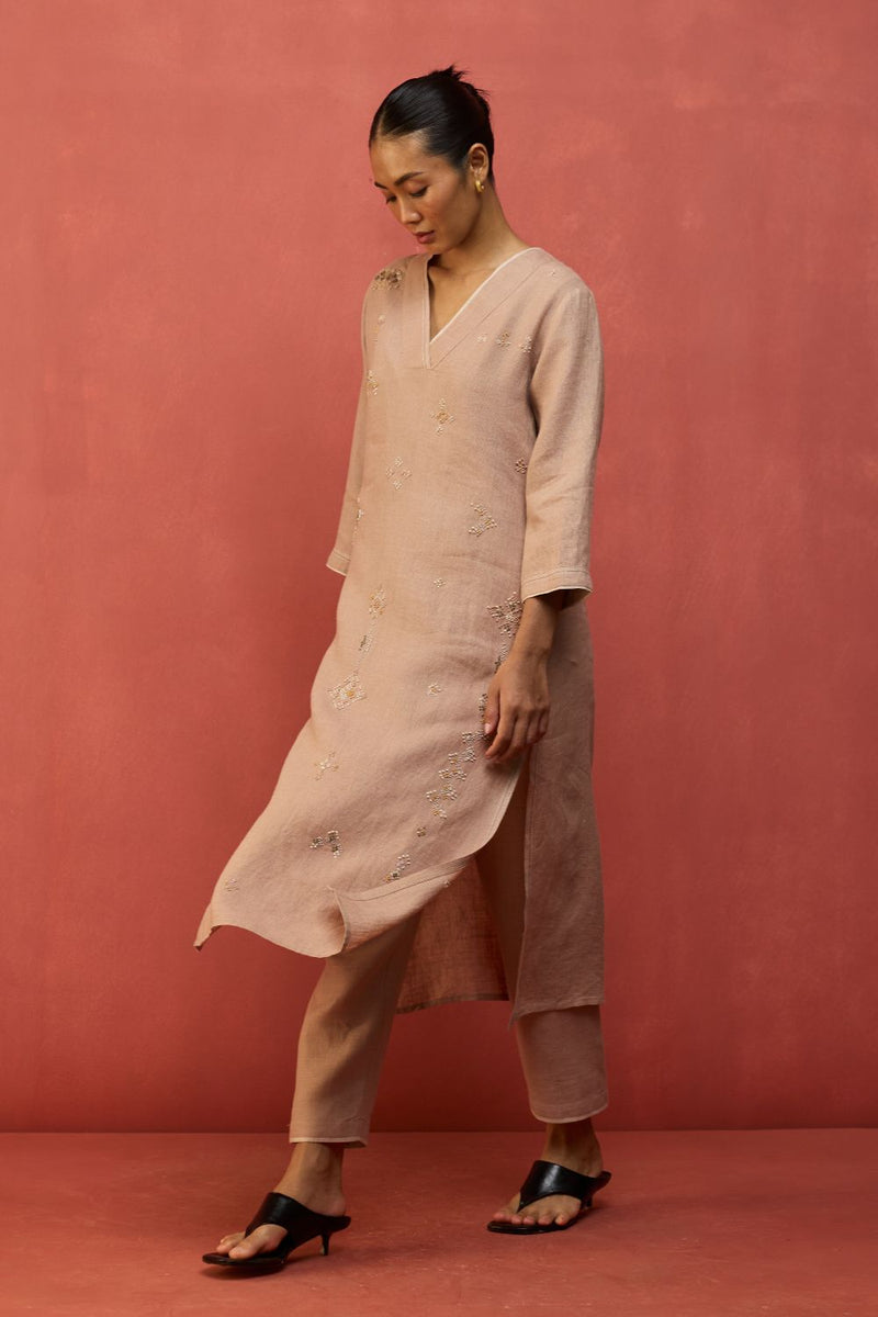 Rena Hand-Embroidered Linen Kurta - Dusty Rose linen by Manan in blush color for women Worldwide