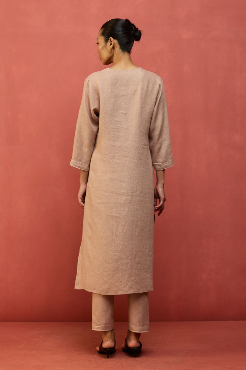 Rena Hand-Embroidered Linen Kurta - Dusty Rose linen by Manan in blush color for women Worldwide