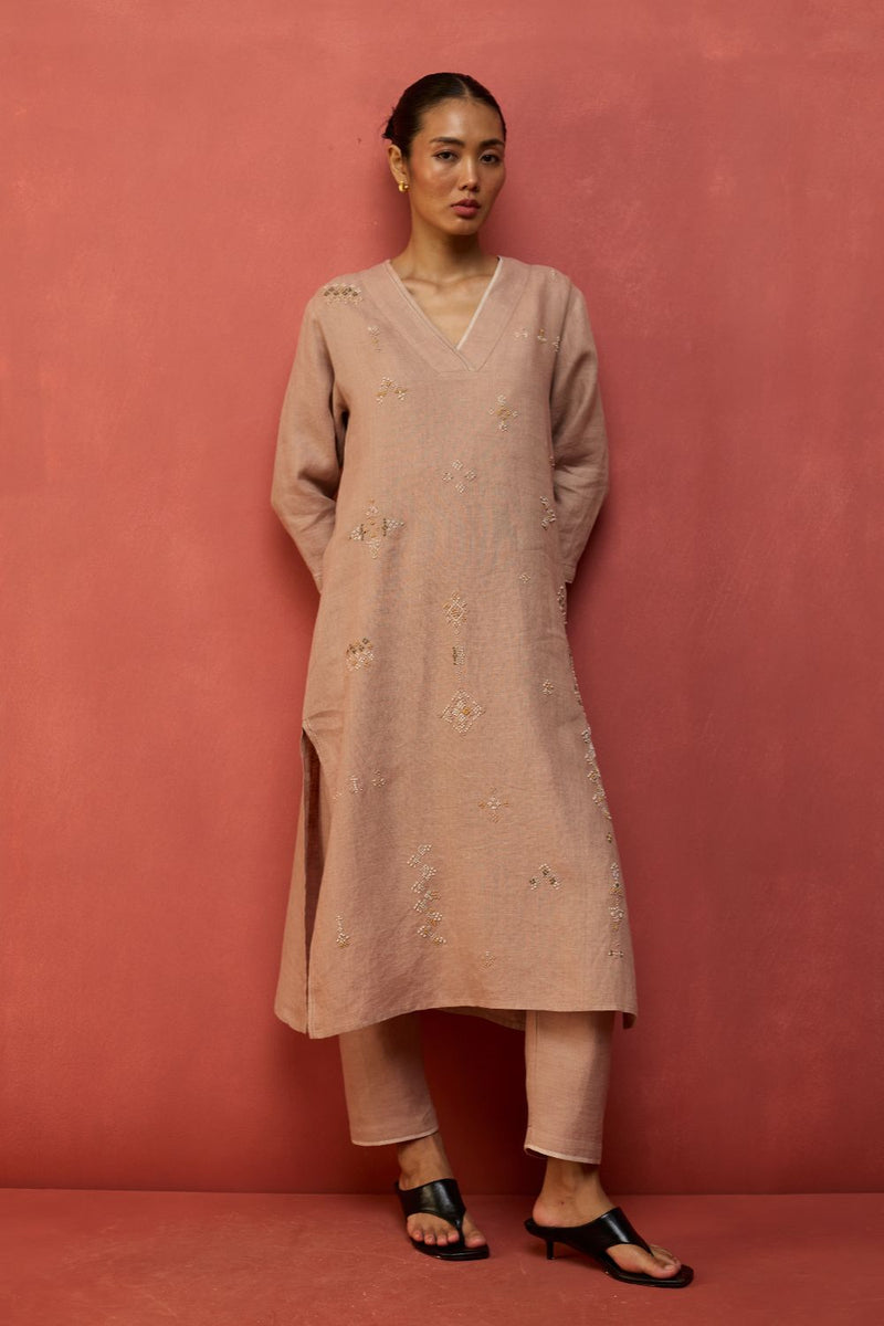 Rena Hand-Embroidered Linen Kurta - Dusty Rose linen by Manan in blush color for women Worldwide