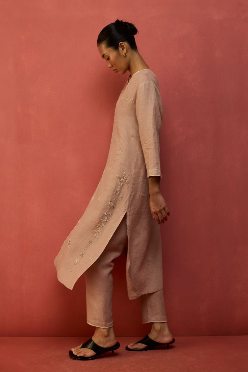 Rena Hand-Embroidered Linen Kurta - Dusty Rose linen by Manan in blush color for women Worldwide