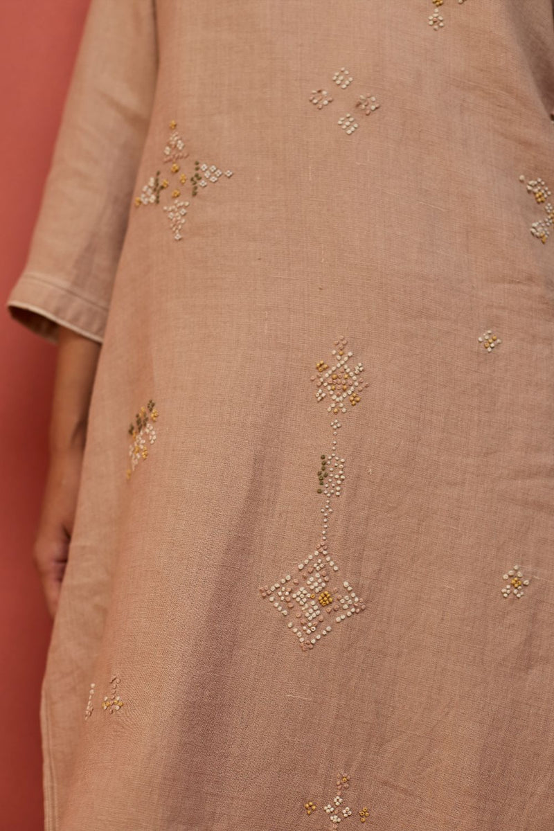 Rena Hand-Embroidered Linen Kurta - Dusty Rose linen by Manan in blush color for women Worldwide