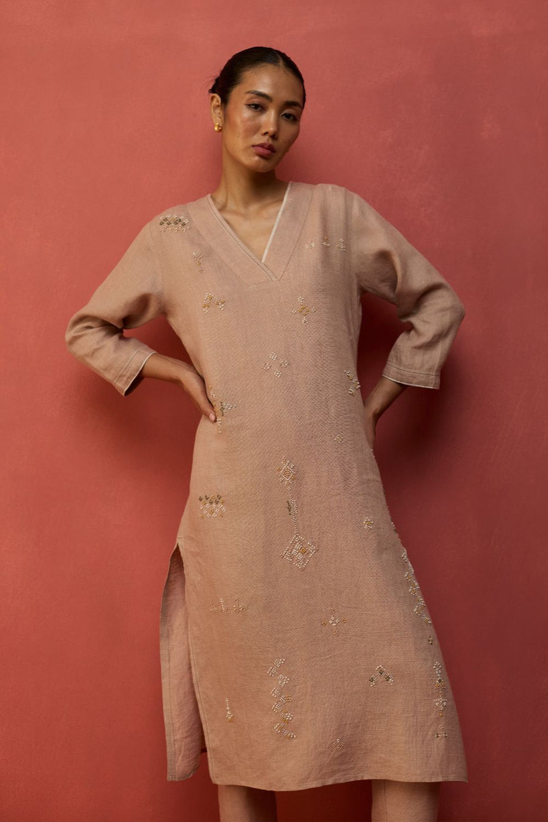 Rena Hand-Embroidered Linen Kurta - Dusty Rose linen by Manan in blush color for women Worldwide