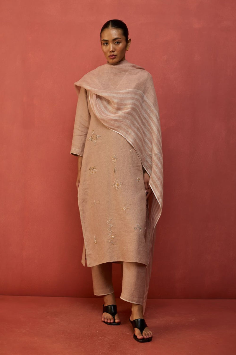 Rena Hand-Embroidered Linen Kurta - Dusty Rose linen by Manan in blush color for women Worldwide