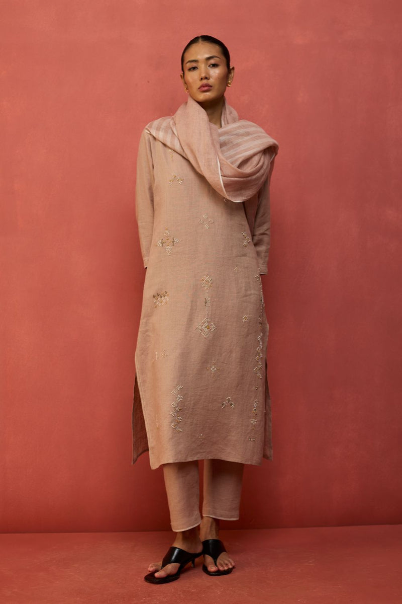 Rena Hand-Embroidered Linen Kurta - Dusty Rose linen by Manan in blush color for women Worldwide