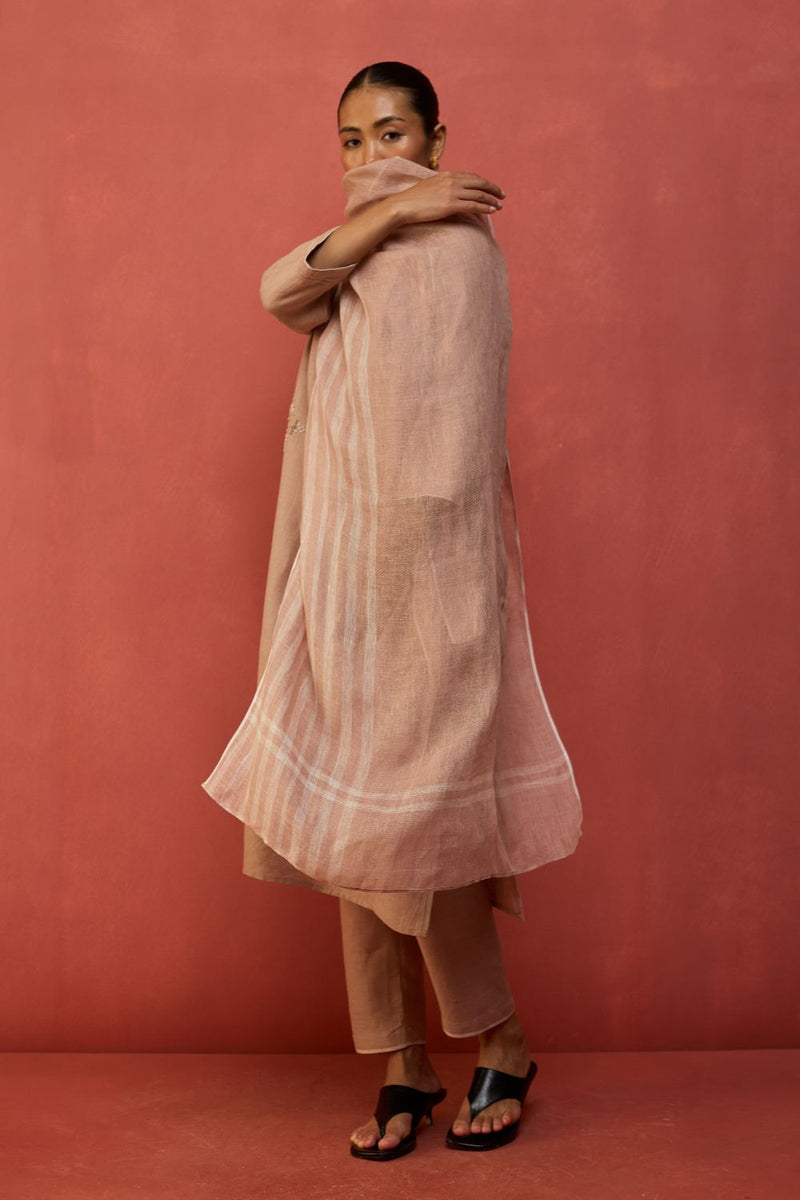 Rena Hand-Embroidered Linen Kurta - Dusty Rose linen by Manan in blush color for women Worldwide