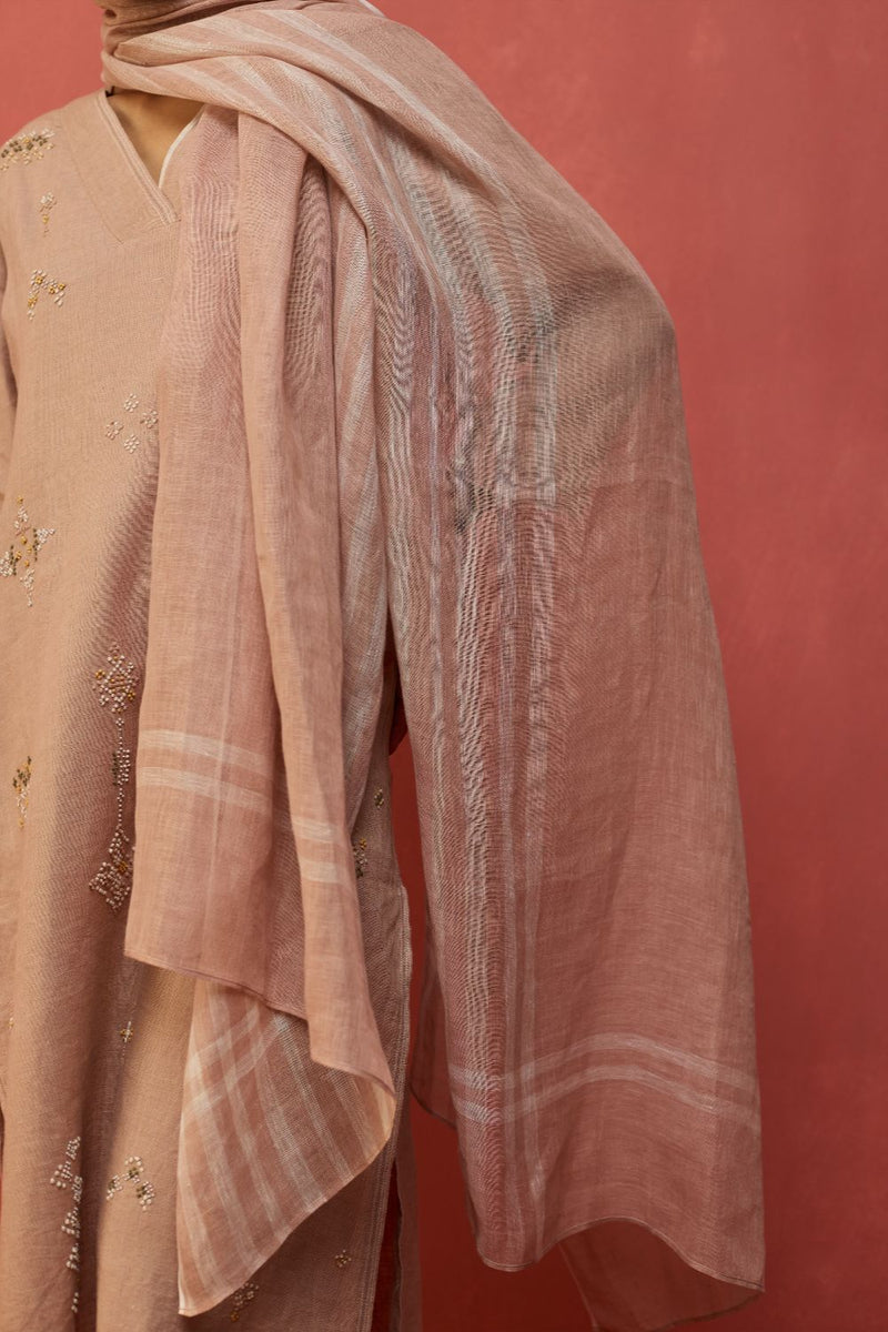 Rena Hand-Embroidered Linen Kurta - Dusty Rose linen by Manan in blush color for women Worldwide
