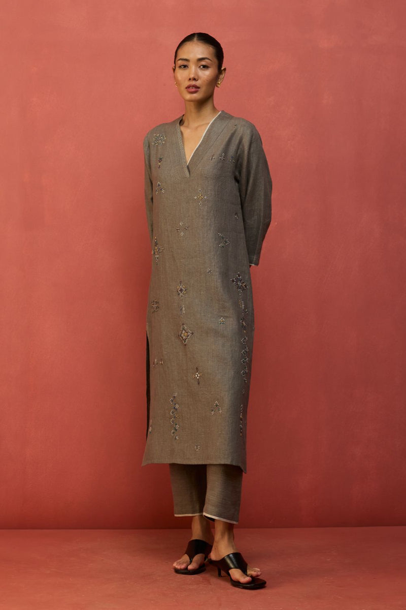 Rena Hand-Embroidered Linen Kurta - Grey linen by Manan in grey color for women Worldwide