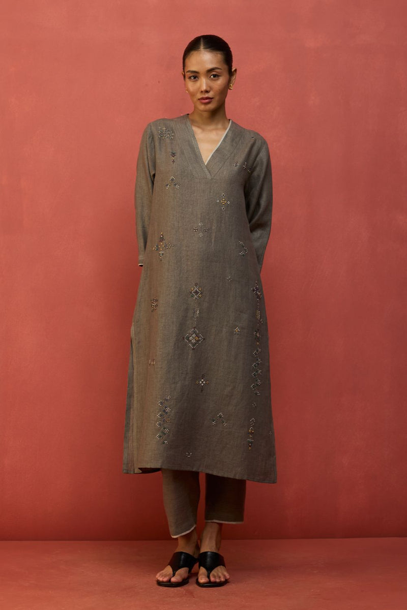 Rena Hand-Embroidered Linen Kurta - Grey linen by Manan in grey color for women Worldwide