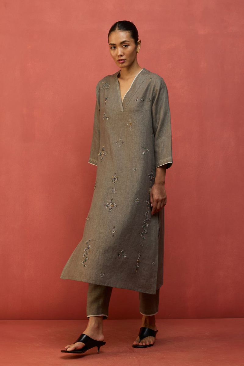 Rena Hand-Embroidered Linen Kurta - Grey linen by Manan in grey color for women Worldwide