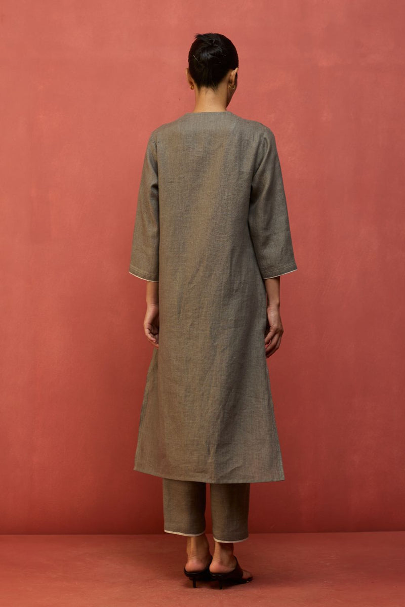 Rena Hand-Embroidered Linen Kurta - Grey linen by Manan in grey color for women Worldwide