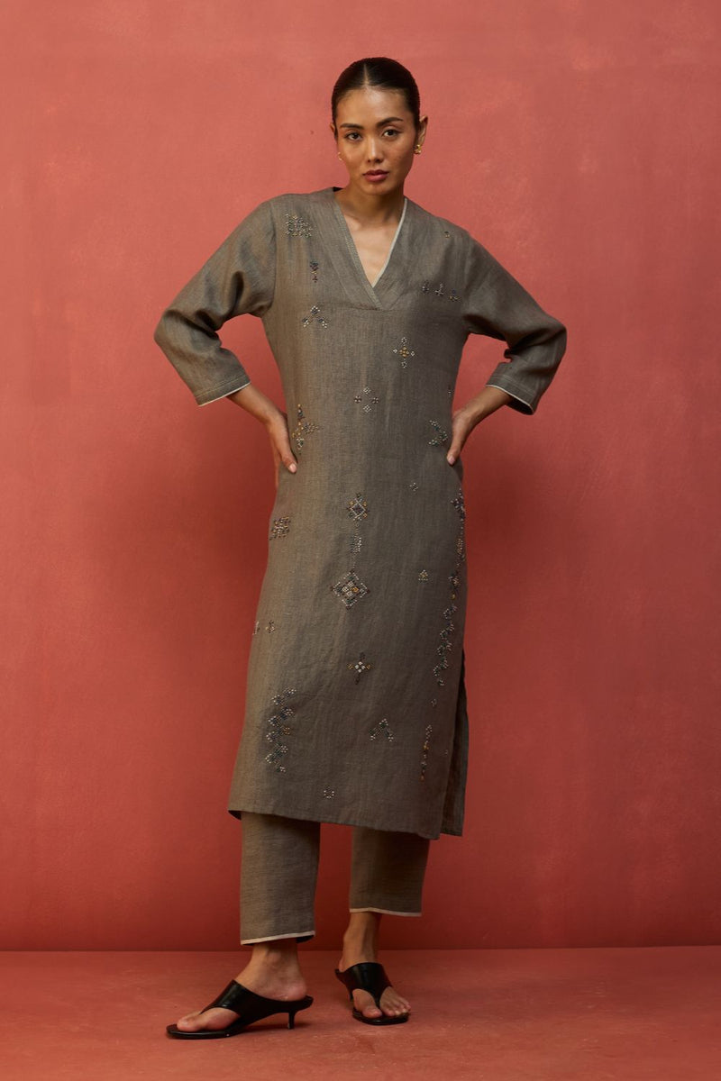 Rena Hand-Embroidered Linen Kurta - Grey linen by Manan in grey color for women Worldwide