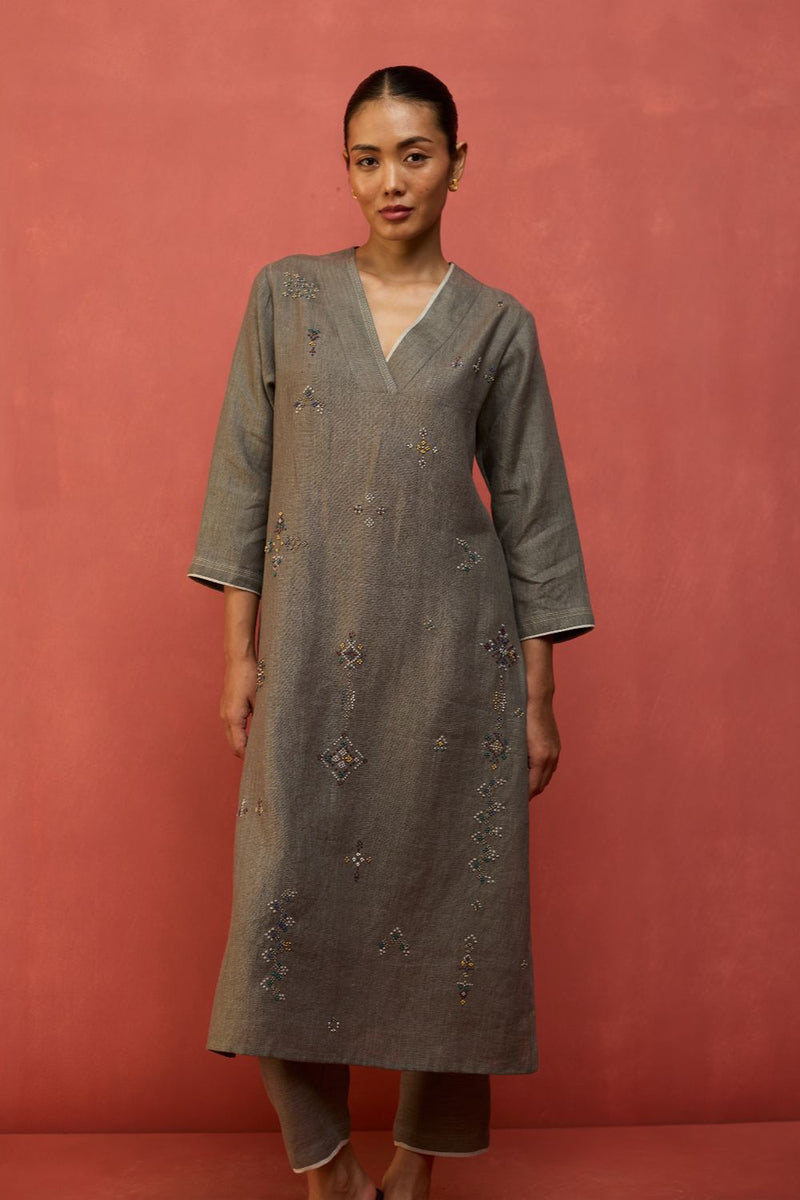 Rena Hand-Embroidered Linen Kurta - Grey linen by Manan in grey color for women Worldwide