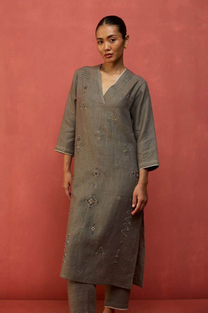 Rena Hand-Embroidered Linen Kurta - Grey linen by Manan in grey color for women Worldwide
