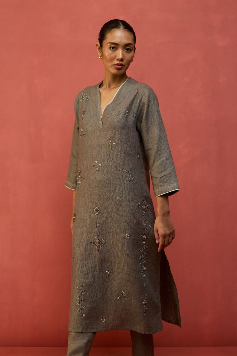 Rena Hand-Embroidered Linen Kurta - Grey linen by Manan in grey color for women Worldwide