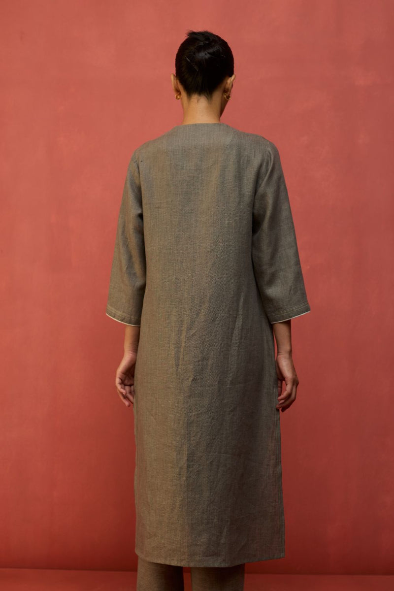 Rena Hand-Embroidered Linen Kurta - Grey linen by Manan in grey color for women Worldwide