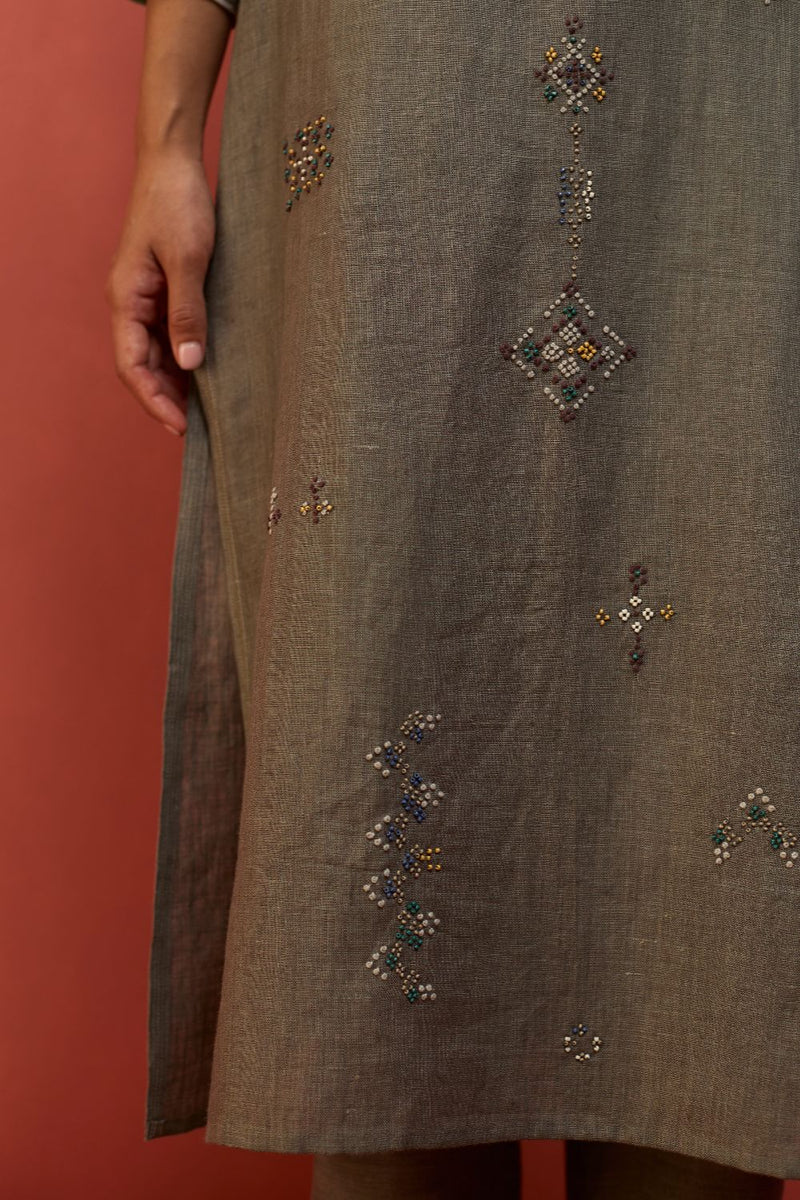 Rena Hand-Embroidered Linen Kurta - Grey linen by Manan in grey color for women Worldwide