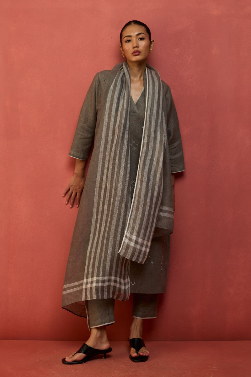 Rena Hand-Embroidered Linen Kurta - Grey linen by Manan in grey color for women Worldwide