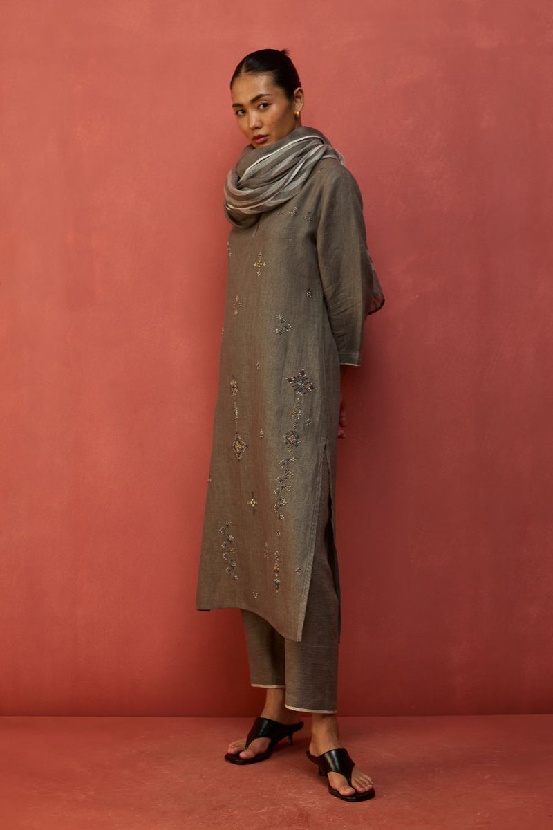 Rena Hand-Embroidered Linen Kurta - Grey linen by Manan in grey color for women Worldwide