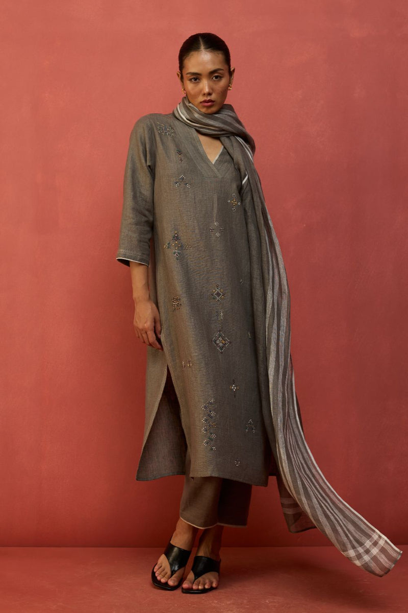 Rena Hand-Embroidered Linen Kurta - Grey linen by Manan in grey color for women Worldwide