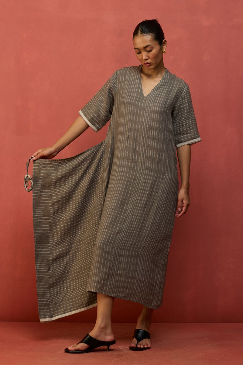 Karo Stripe Linen Wrap Dress - Grey linen by Manan in grey color for women Worldwide