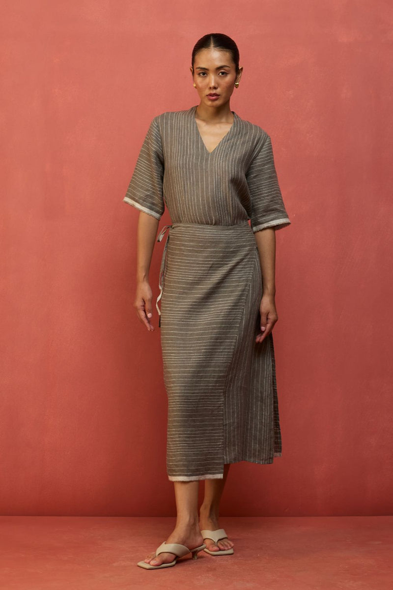 Karo Stripe Linen Wrap Dress - Grey linen by Manan in grey color for women Worldwide