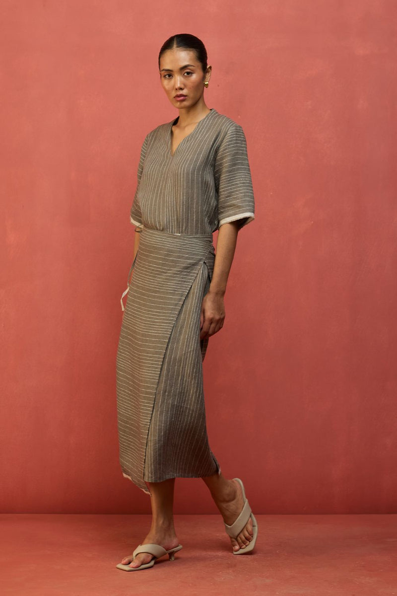 Karo Stripe Linen Wrap Dress - Grey linen by Manan in grey color for women Worldwide