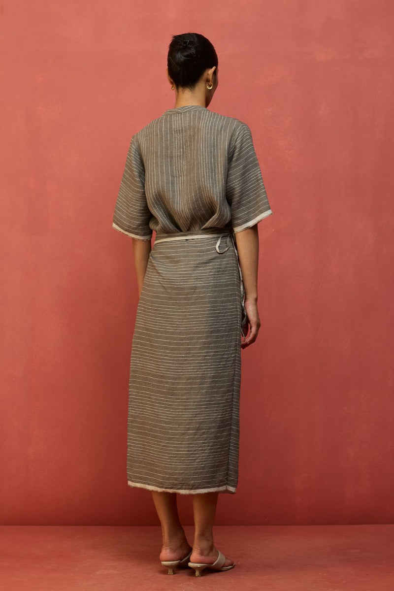 Karo Stripe Linen Wrap Dress - Grey linen by Manan in grey color for women Worldwide