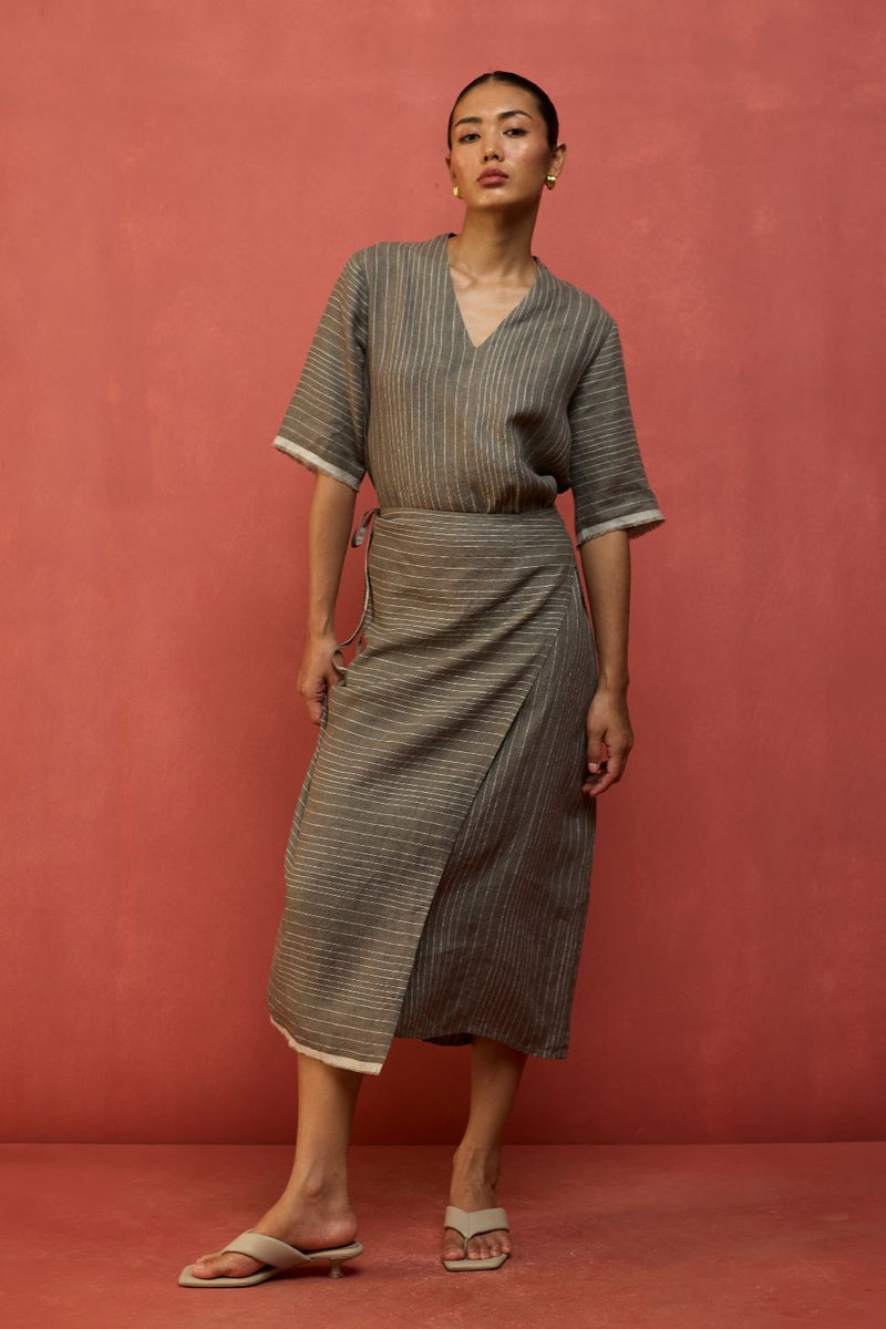 Karo Stripe Linen Wrap Dress - Grey linen by Manan in grey color for women Worldwide