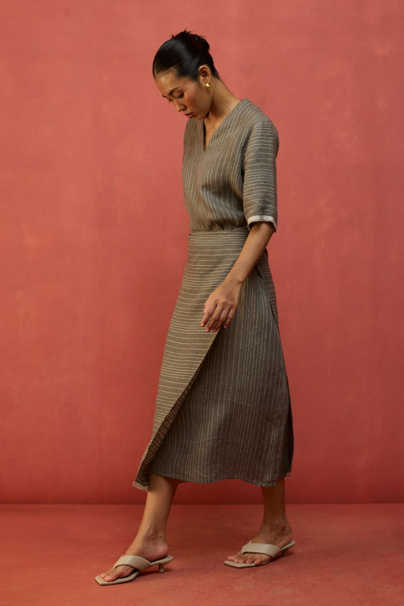 Karo Stripe Linen Wrap Dress - Grey linen by Manan in grey color for women Worldwide