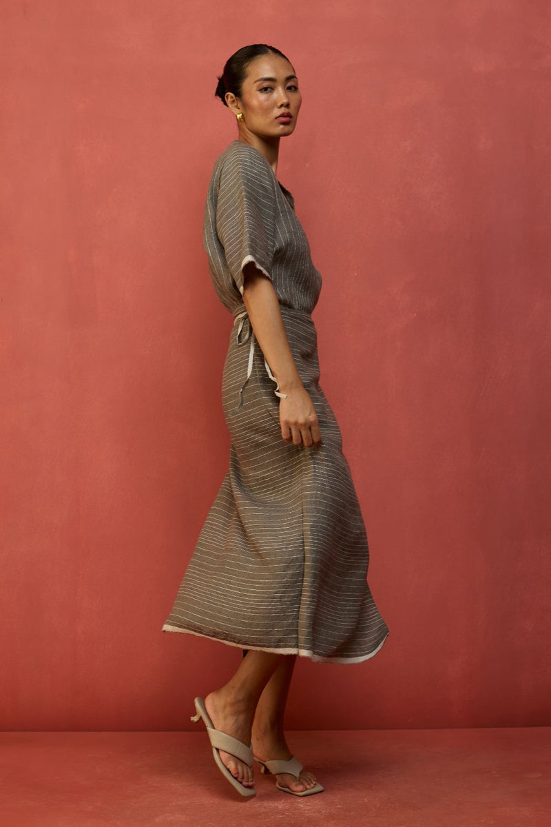 Karo Stripe Linen Wrap Dress - Grey linen by Manan in grey color for women Worldwide