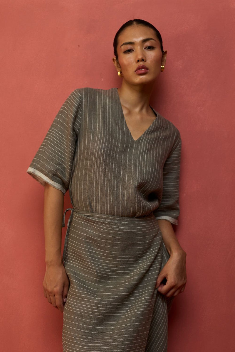 Karo Stripe Linen Wrap Dress - Grey linen by Manan in grey color for women Worldwide
