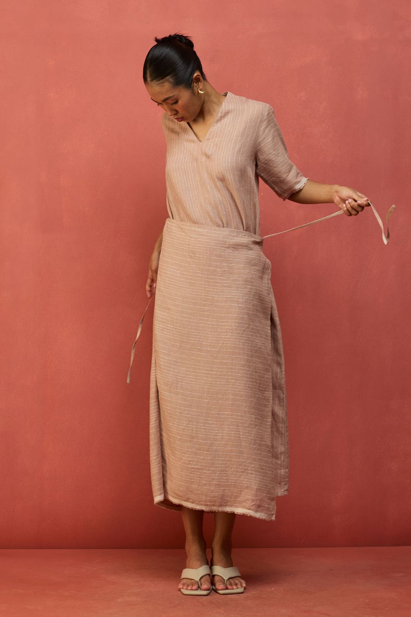 Karo Stripe Linen Wrap Dress - Dusty Rose linen by Manan in blush color for women Worldwide