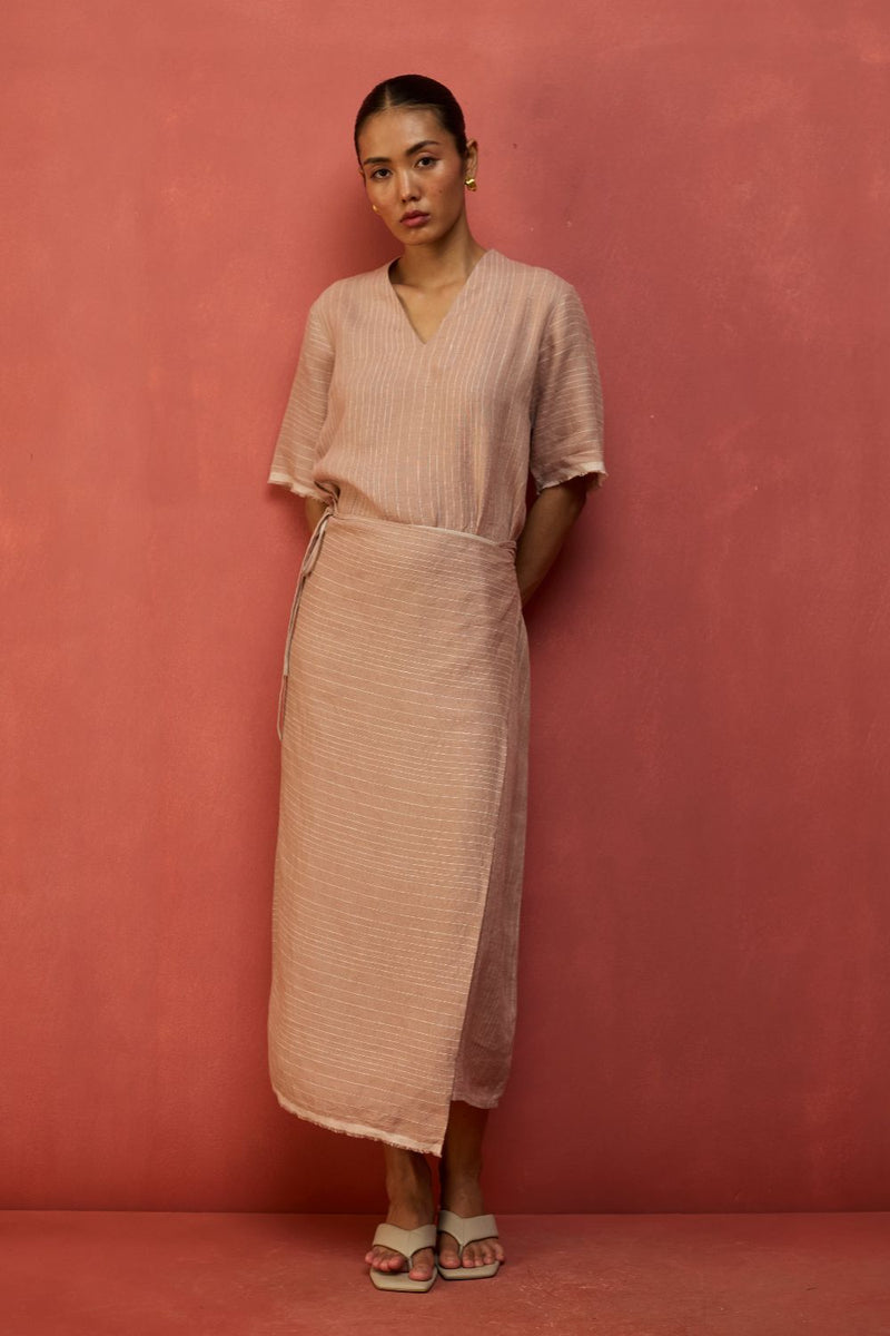 Karo Stripe Linen Wrap Dress - Dusty Rose linen by Manan in blush color for women Worldwide