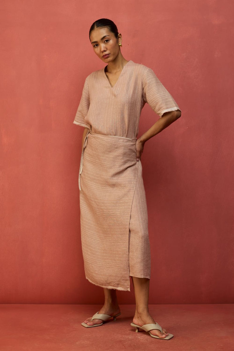 Karo Stripe Linen Wrap Dress - Dusty Rose linen by Manan in blush color for women Worldwide