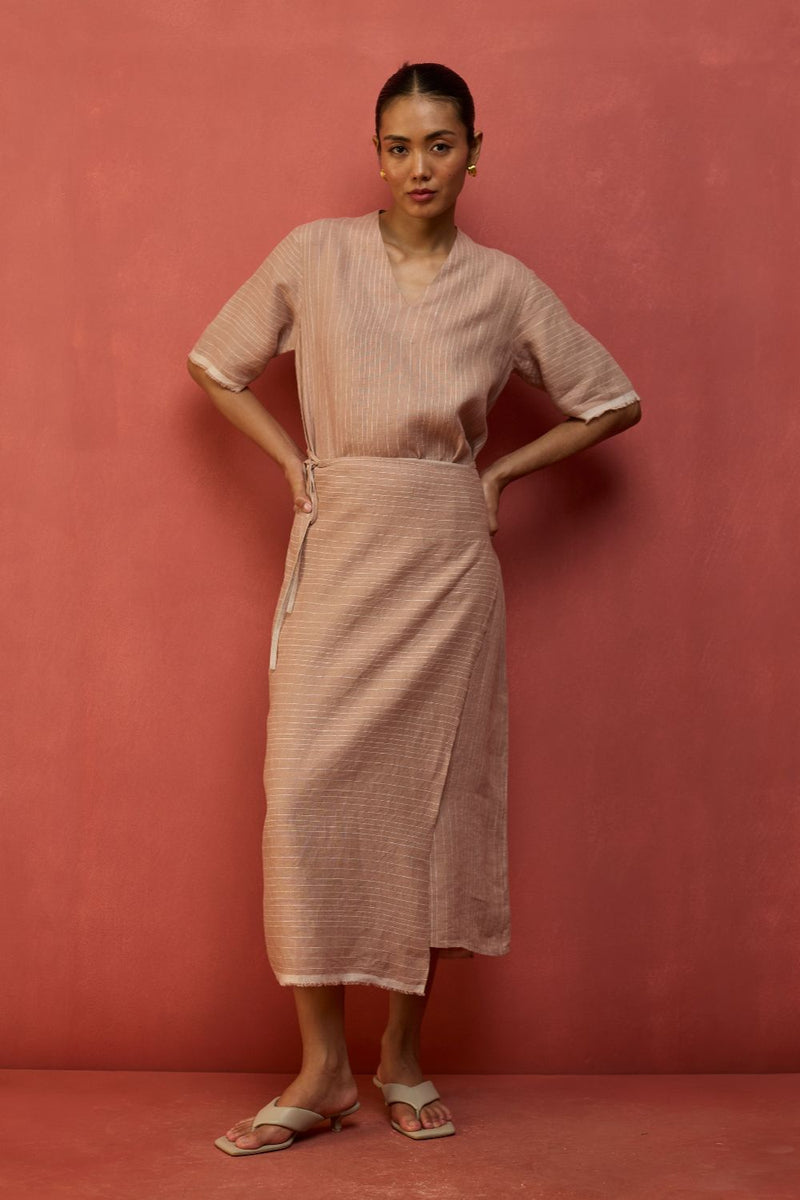 Karo Stripe Linen Wrap Dress - Dusty Rose linen by Manan in blush color for women Worldwide
