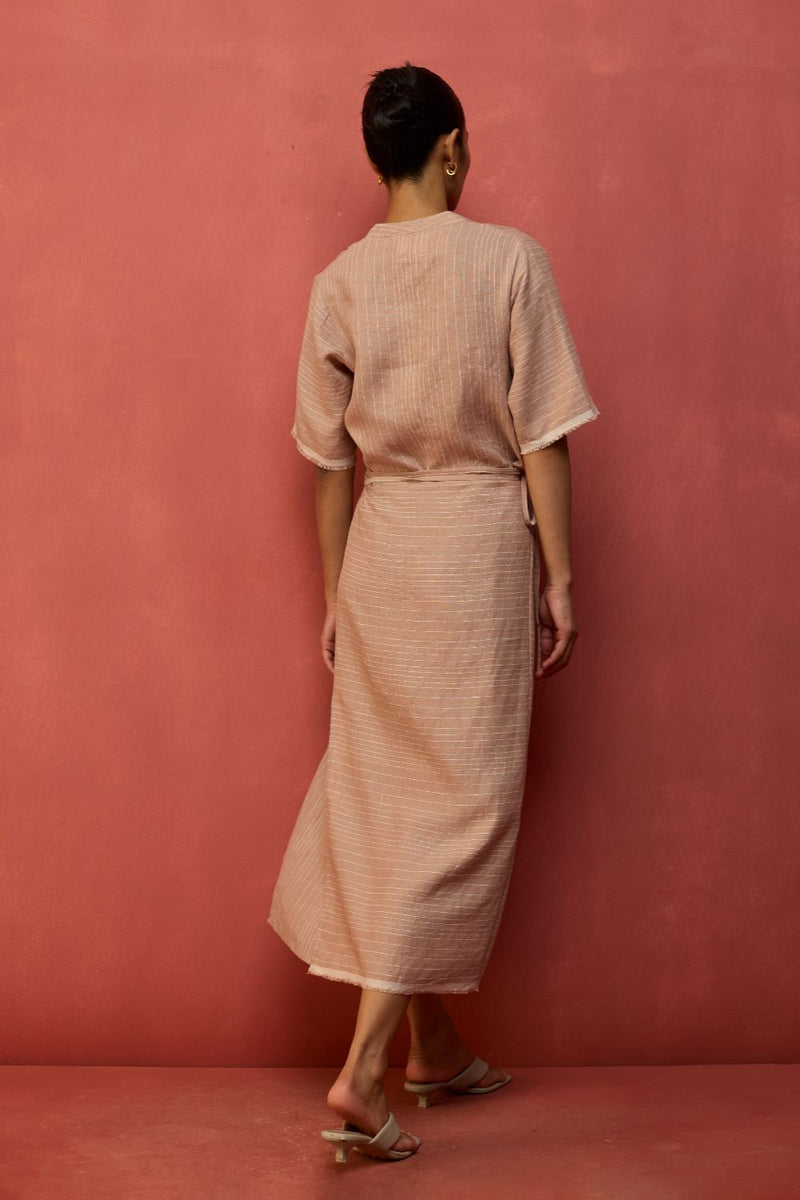 Karo Stripe Linen Wrap Dress - Dusty Rose linen by Manan in blush color for women Worldwide