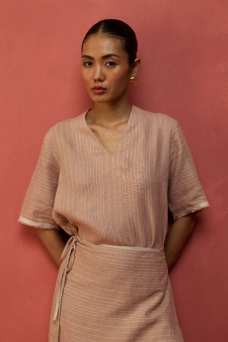 Karo Stripe Linen Wrap Dress - Dusty Rose linen by Manan in blush color for women Worldwide
