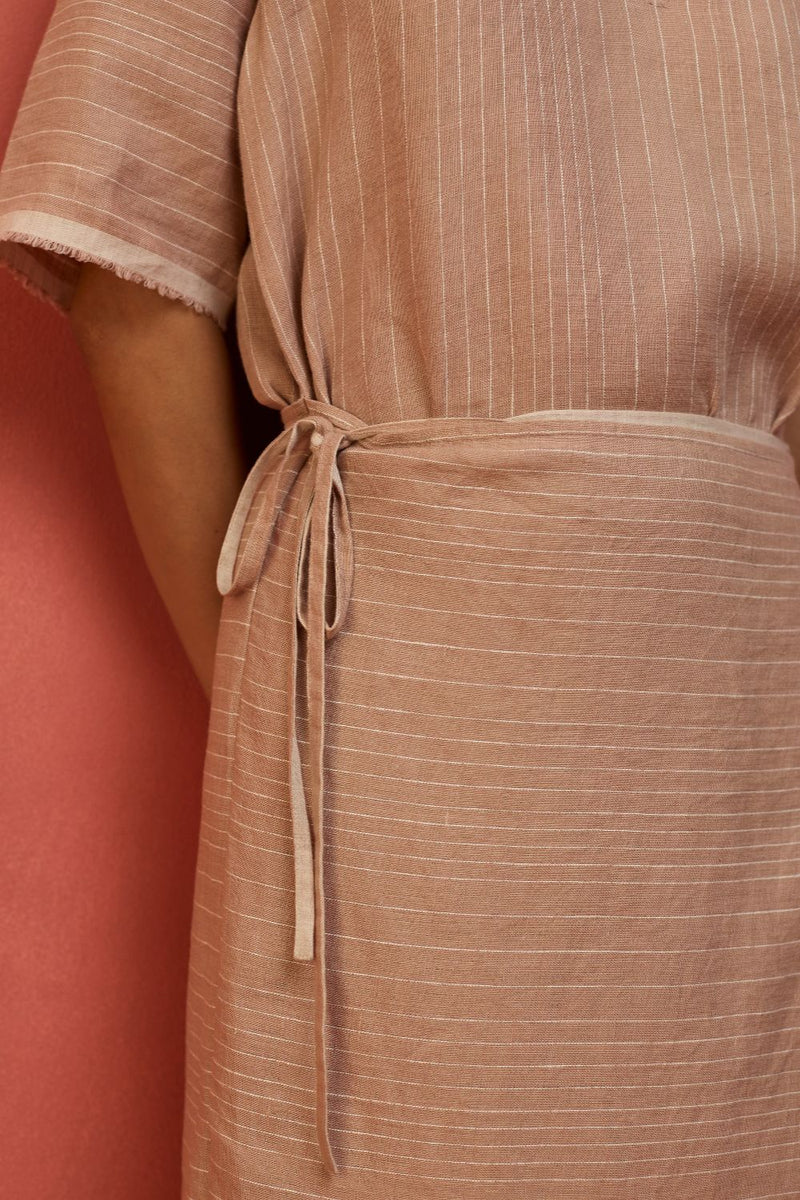 Karo Stripe Linen Wrap Dress - Dusty Rose linen by Manan in blush color for women Worldwide
