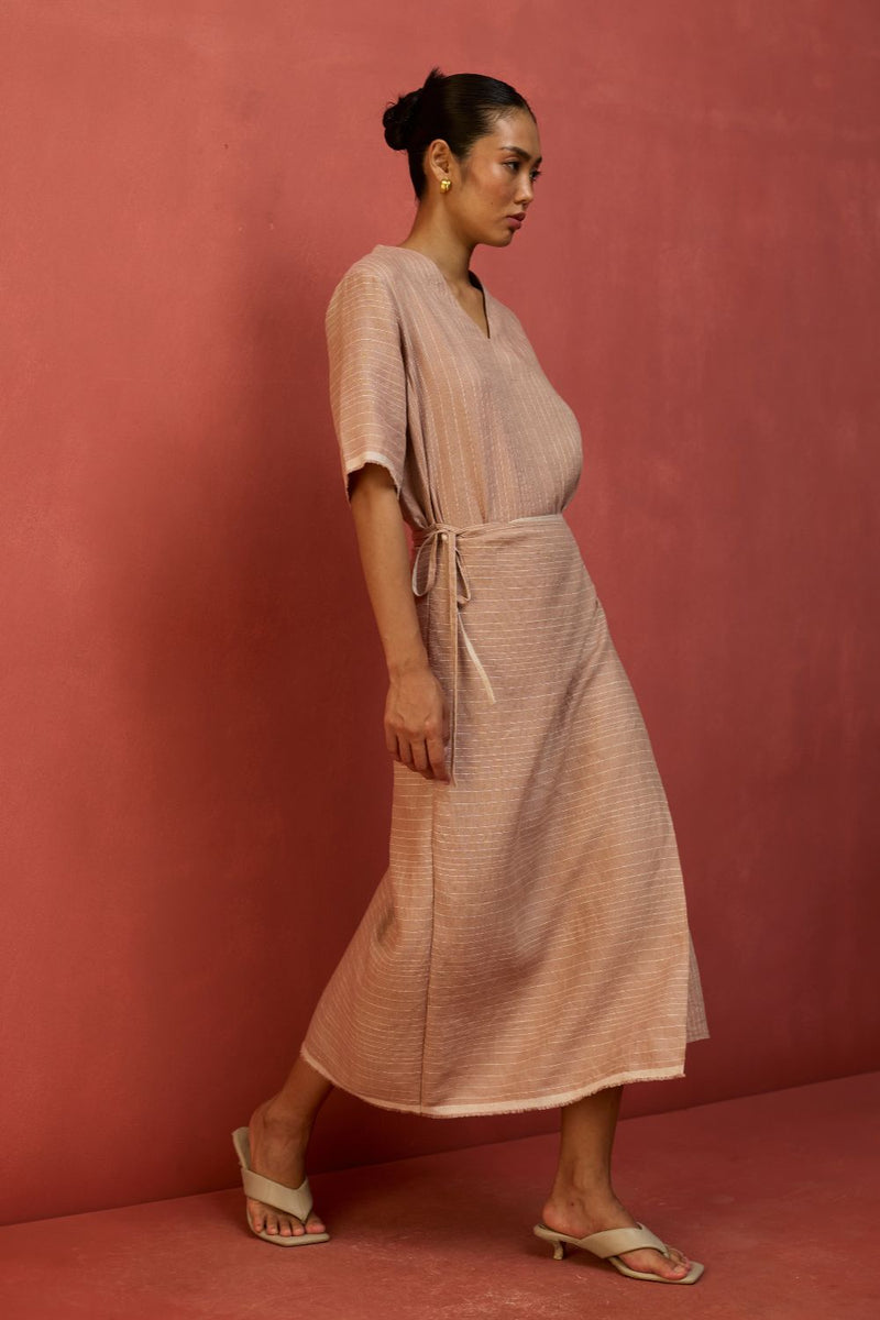 Karo Stripe Linen Wrap Dress - Dusty Rose linen by Manan in blush color for women Worldwide
