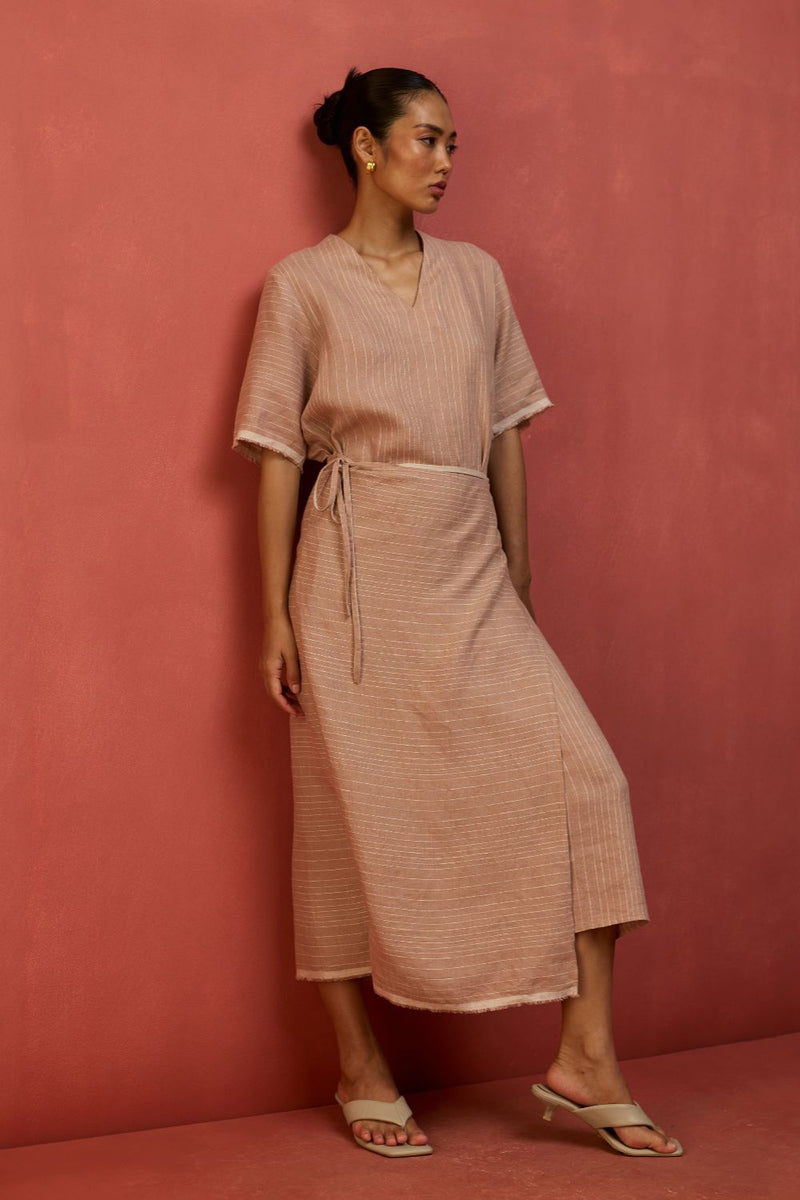 Karo Stripe Linen Wrap Dress - Dusty Rose linen by Manan in blush color for women Worldwide