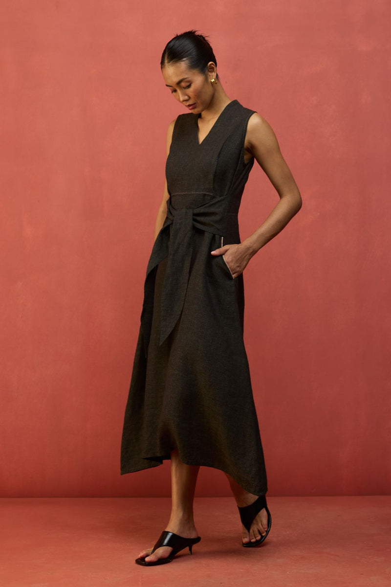 Tako Sleeveless Linen Knot Dress - Charcoal linen by Manan in charcoal color for women Worldwide