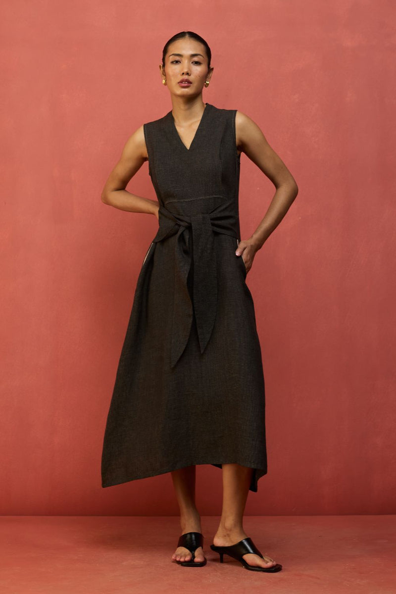 Tako Sleeveless Linen Knot Dress - Charcoal linen by Manan in charcoal color for women Worldwide